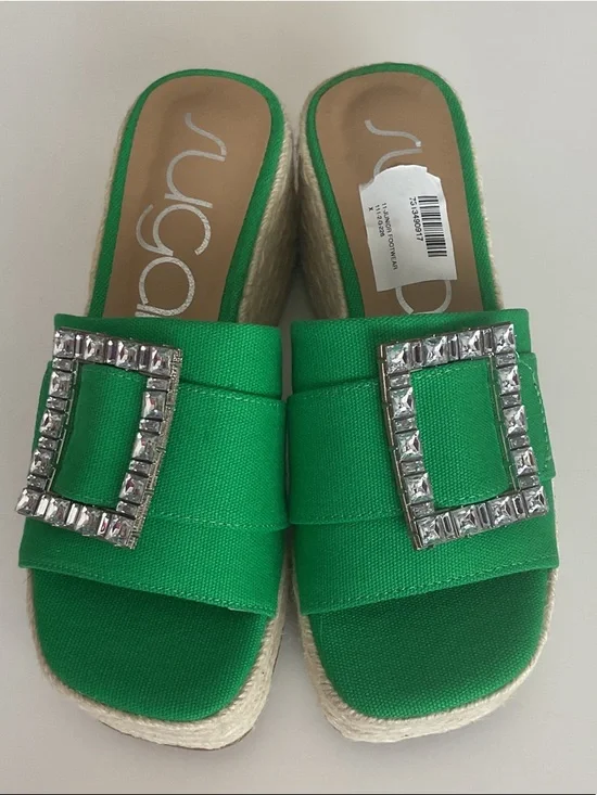 Sugar Embellished Green Espadrille Wedge Sandals NWT Sz 7 - Picture 2 of 8